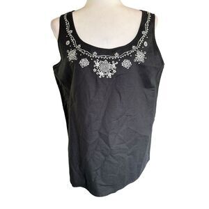Vtg 90s A Line Anne Klein Black Linen Embroidered Sleeveless Top Sz Large